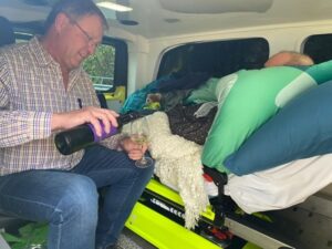 male patient with winemaker doing winetasting in an ambulance